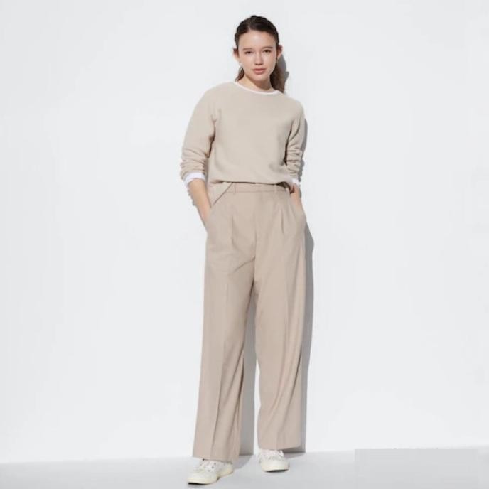 UNIQLO Pleated Wide Pants Celana Panjang Lebar Lipit Wanita Beige