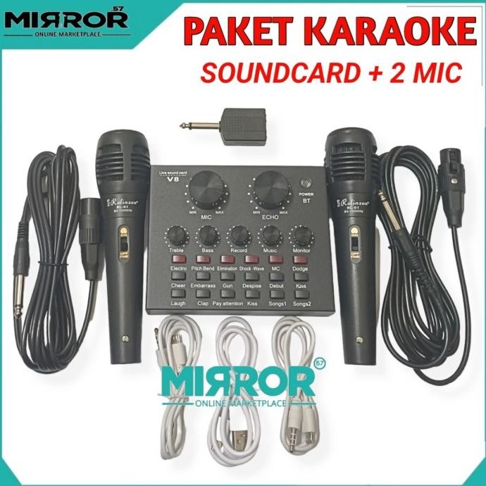 Baru Satu Paket Alat Karaoke Mixer Mini Soundcard V8 & 2 Mic Gratis Spliter