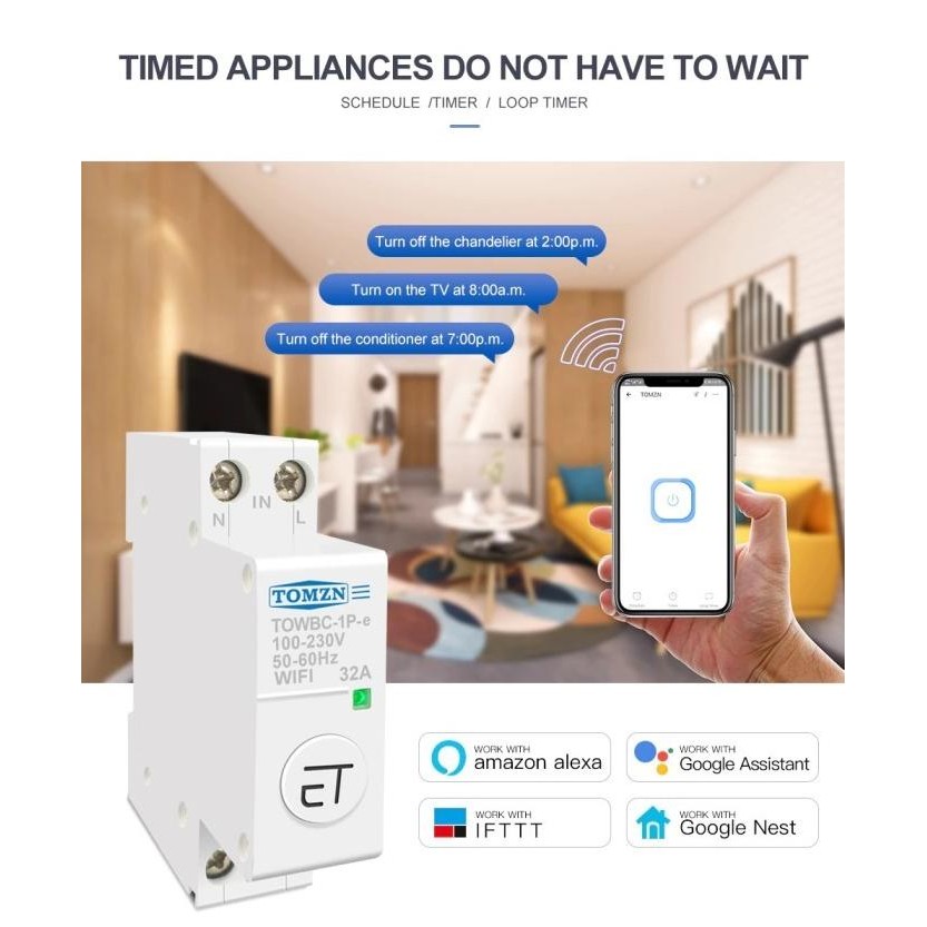 Miliki Ewelink Wifi 1 Phase On-Off Switch Breaker 50A 220Vac Din Rail