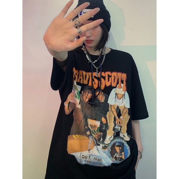 Travis Scott T-shirt Pakaian Atasan Baju Kaos Oversize Wanita Hitam Original Lengan Pendek Dewasa Di