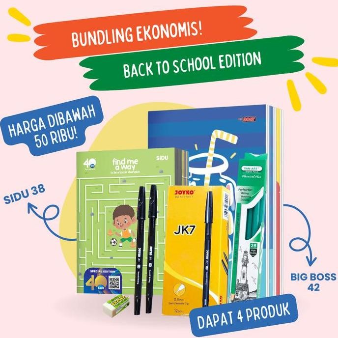 

Tersedia [Bundling Ekonomis] Paket Buku Dan Alat Tulis Sekolah 1 Pak Buku Pulpen Pensil Penghapus 4 In 1 Sidu Big Boss