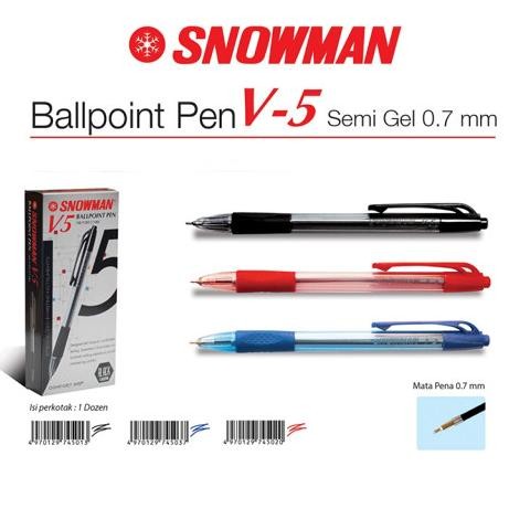 

Tersedia Pulpen Snowman V5 0.7 Mm Lusin