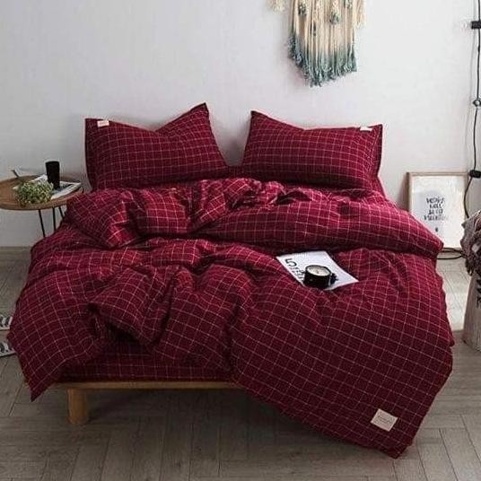 Sprei Set Kotak Maroon Kecil || Aesthetic Korea Series