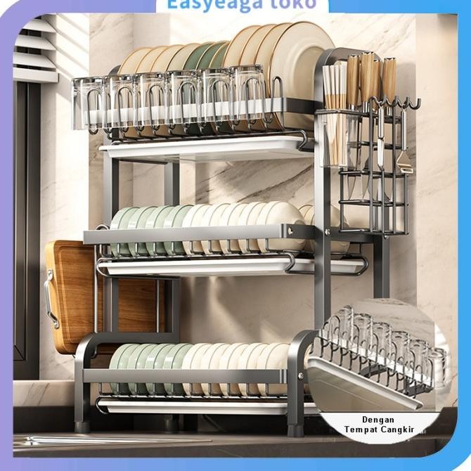 Rak Piring Stainless Rak Dapur Mangkuk Piring Dengan Tempat Cangkir