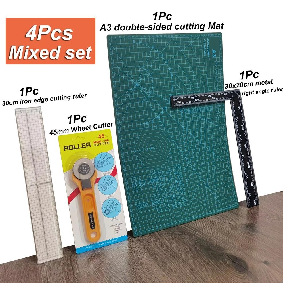 

4Pc Set A3 Cutting Mat Roller Cutter 30Cm Right Angle Ruler 30X5Cm Fixed Cutting Ruler With Iron Edge Leather Tools Office
