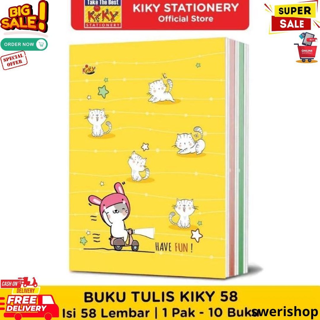 

(1Pack:10Pcs) Kiky Buku Tulis Isi 58 Lembar Termurah! Best Seller / Buku Tulis Sekolah Kiky Berkualitas Isi 58 Lembar 10 Buku / Buku Tulis Kiky Warna Isi 10 Buku D Gratis Ongkir