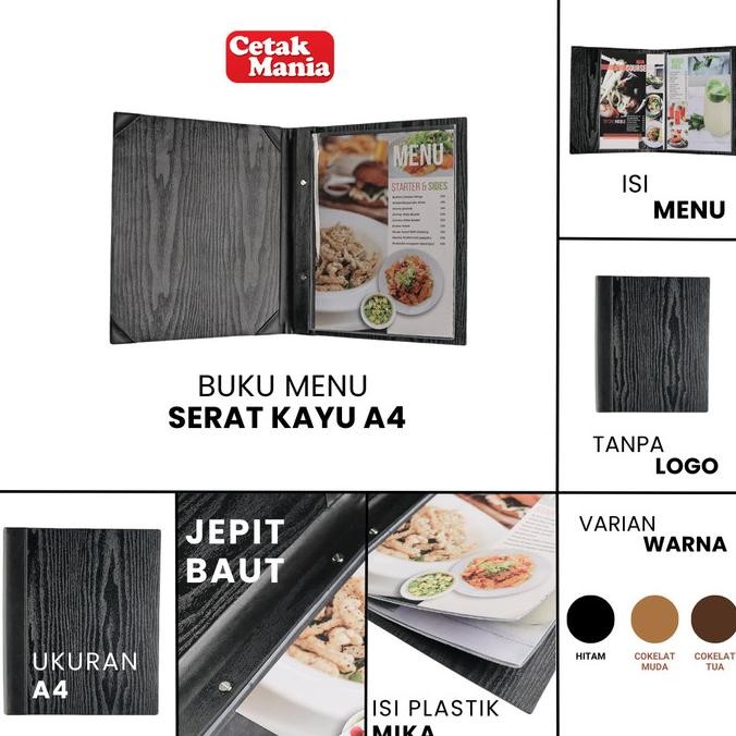 

Cetak Mania - Buku Menu Kayu Vinyl Jepit Baut Isi Plastik Mika A4 Hitam - Cafe, Coffee Shop, Restoran, Hotel LS