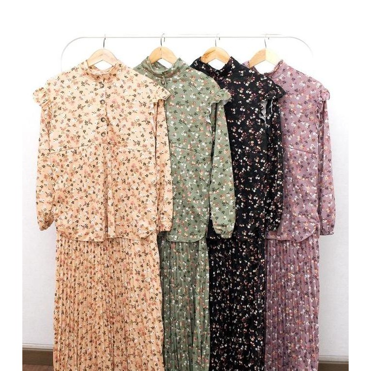 Baru TICLO Nara Dress Gamis Wanita Plisket Umpak Jumbo Mayung Motif Bunga Wudhu Friendly