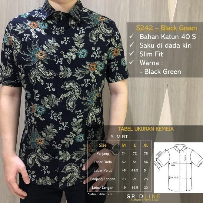 [GRIDLINE - S242 BLACK GREEN] KEMEJA BATIK SLIMFIT PRIA KATUN SIMPEL TERMURAH