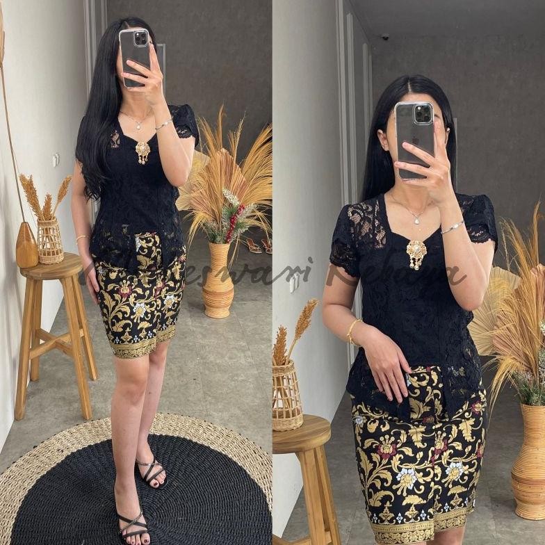 Jpf-1015 Kebaya Bali Set Brukat Lilit Hitam Rok Pendek