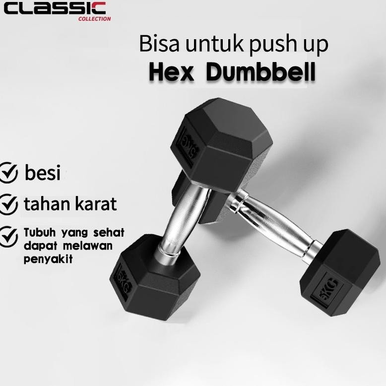 Barbel Karet Segi Enam 5 Kg /Hex Rubber Dumbell Hitam 5 Kg/Dumbell Karet Hexagonal 5 Kg