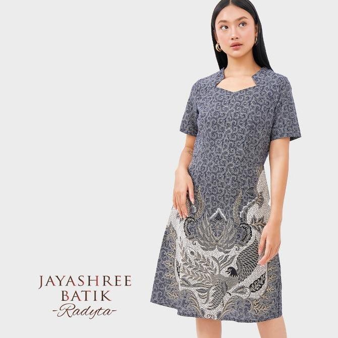 Promo JAYASHREE - Batik Radyta Blue Dress Wanita - Tunik Motif Batik Premium Panjang Slim Fit Wanita