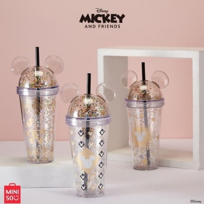 TUMBLER MICKEY MOUSE 420ML - MINISO BOTOL MINUM DUA LAPIS WITH SEDOTAN STOK TERBATAS