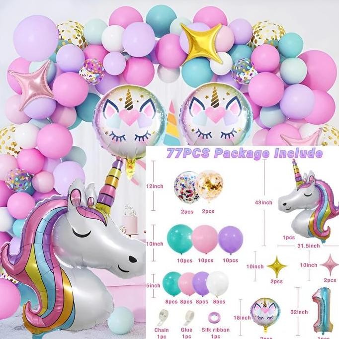 Set Balon Pelangi Unicorn Dekorasi Ulang Tahun Anak Perempuan Baby Shower Merah da Ungu Pesta Latex 