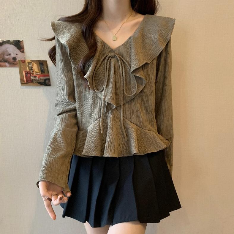 Yikoo-Blouse Korea Lengan Panjang Blus Wanita Atasan Pendek