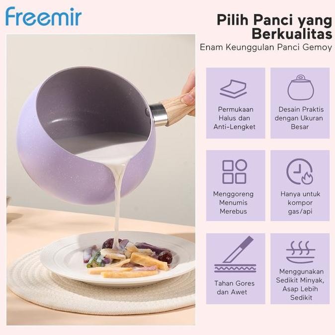 Murah [Big Sale] Freemir Panci Susu Gemoy 16 Cm Batu Granit Dengan Tutup Kaca Cekung Anti Lengket Pe