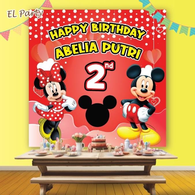 ready  Banner Ulang Tahun MICKEY MOUSE Spanduk Ultah Kostum Karakter Background Backdrop Dekor Birth
