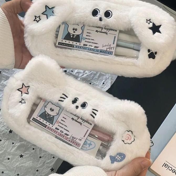 

new !!! Cute Kitten Puppy Plush Pencil Case Large Capacity Pen Bag Student School Pencil Bags for Girl Study Stationery School Supplies murah