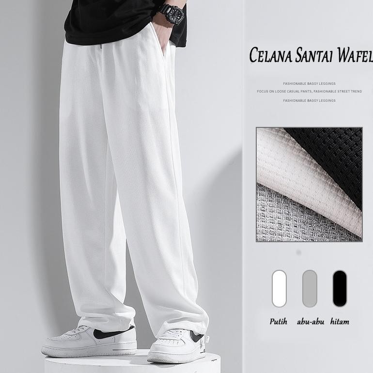 TERMURAH celana putih celana waffle baggy pants pria hitam loose pants pria celana Abu-Abu pria Cela