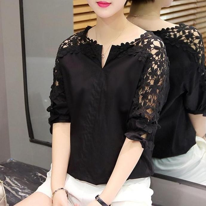 BLUS WANITA CASUAL LENGAN PENDEK MODEL HOLLOW BAHAN LACE WARNA PUTIH