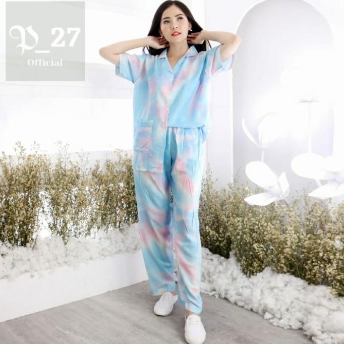 Produk Baru Stelan Tie Dye Piyama Wanita Set Rayon Lengan Pendek Size XL,XXL Jumbo