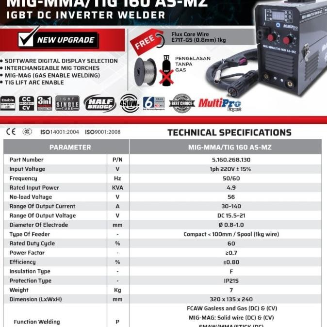 Mesin Las Multipro Mig Mma Tig 160 As-Mz Las Co Tanpa Gas Migi Co2 Igb New Stok