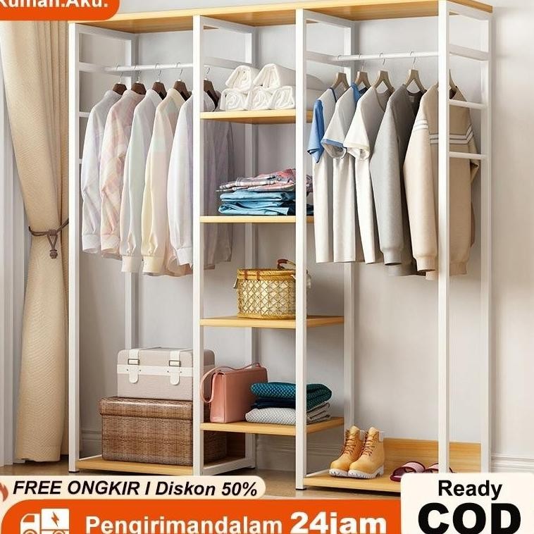 Rak Gantungan Baju Besi Terbuka/Rak Baju Kayu 5 Susun/Stand Hanger Besi