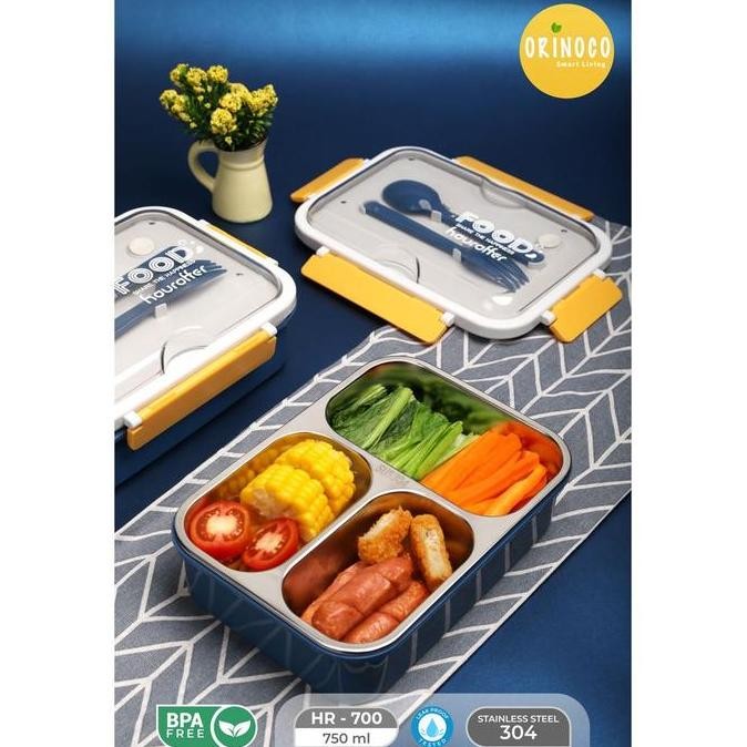 Orinoco Lunchbox Stainless 3 Sekat Anti Bocor Anti Campur With Silikon Lid 750 Ml Kotak Makan Dengan