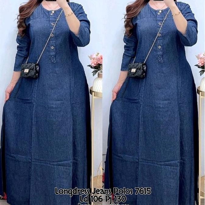 7615 LONG DRESS JEANS POLOS LENGAN PANJANG WANITA|MAXI DRESS JEANS|GAMIS|GAMIS JEANS