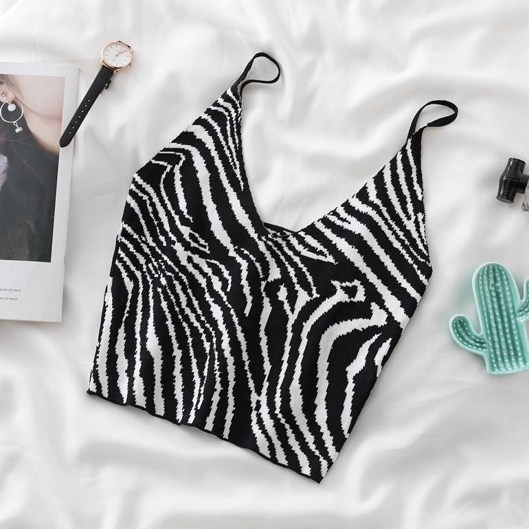Mb Bj366 Tank Top Crop Motif Garis Wanita Tanktop Printed Zebra Korean Fashion