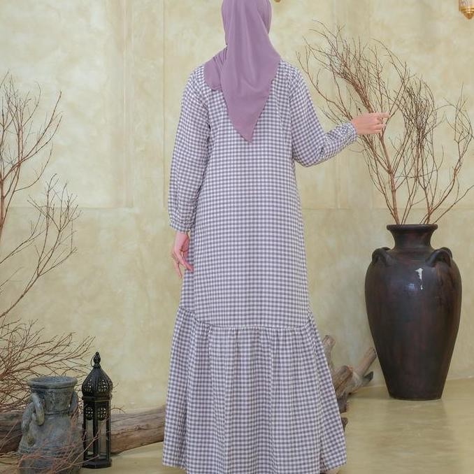 NNFashion ~ Aqeela Dress Gamis Wanita Muslimah Bahan Cotton motif kotak panjang kancing outfit Lebar