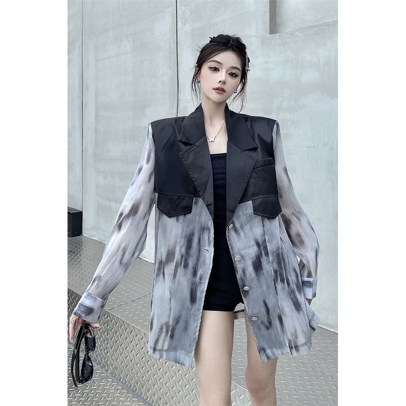Setelan Atasan Wanita, Desain Trendi Jahitan Ikat Celup Kerah Kemeja Longgar Temperamen Retro Tabir 