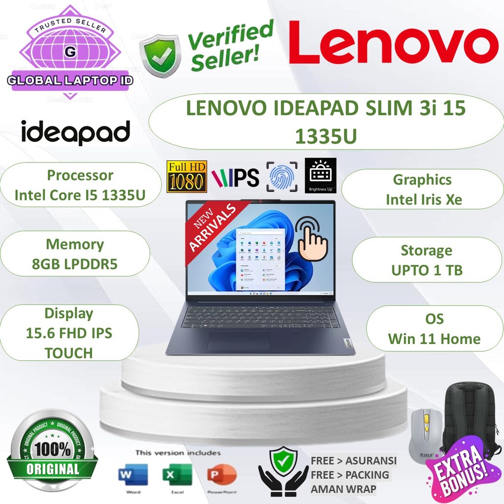 Laptop Kerja LENOVO Ideapad SLIM 3i 15 Intel i5 1335U RAM 8GB DDR5 1TB SSD FHD IPS TouchScreen Windo