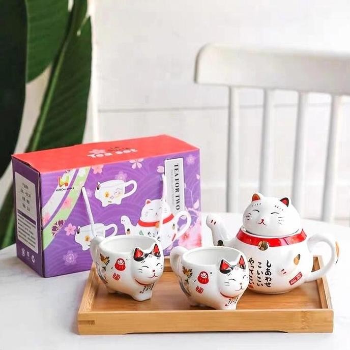 Set Keramik Maneki Neko Kucing Hoki Kado Ultah Tea Set Gelas Keramik Termurah