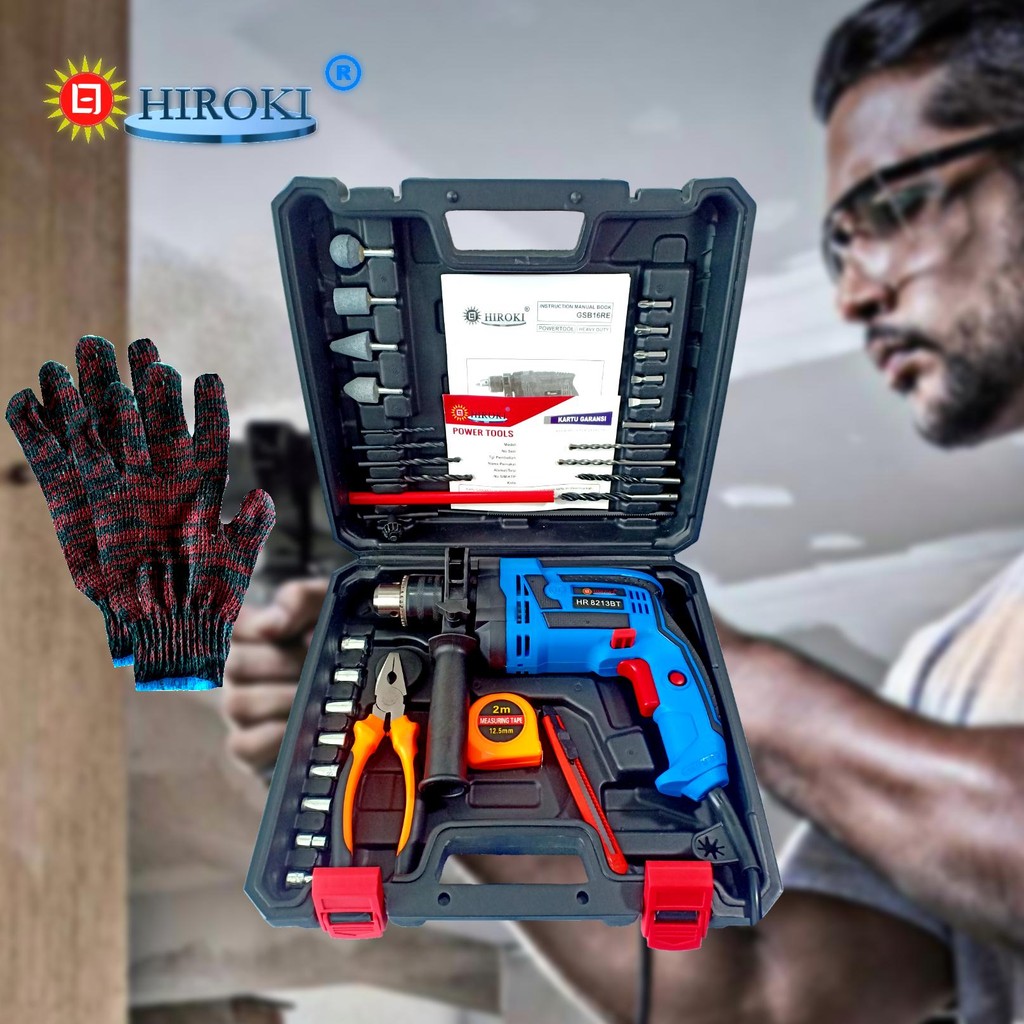 HIROKI HR 8213 Mesin bor set bor 13 mm bor tembok beton kayu besi baja ringan bor tangan 13MM impact