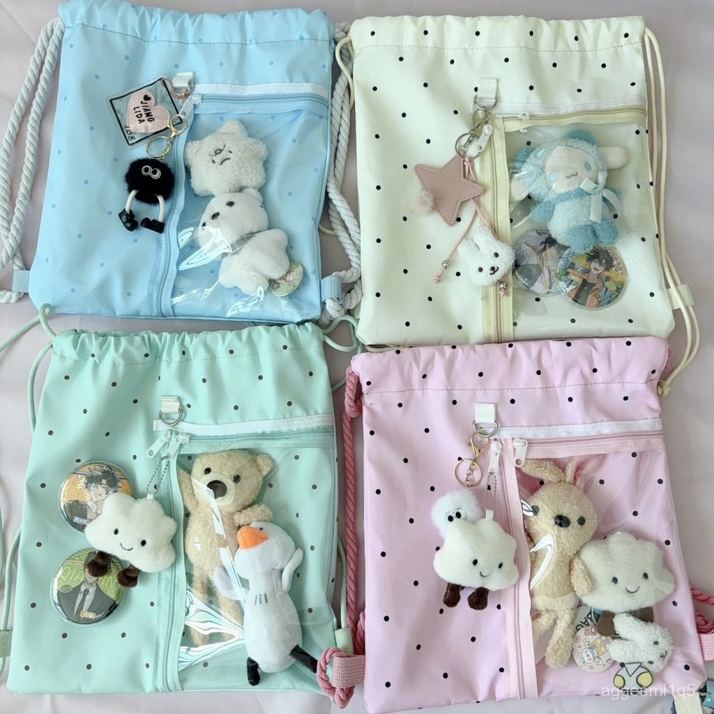 Tas Wanita Serut Motif Polkadot/Tas Serut Sekolah Transparan Trendy/Tas Anti Air Aesthetic