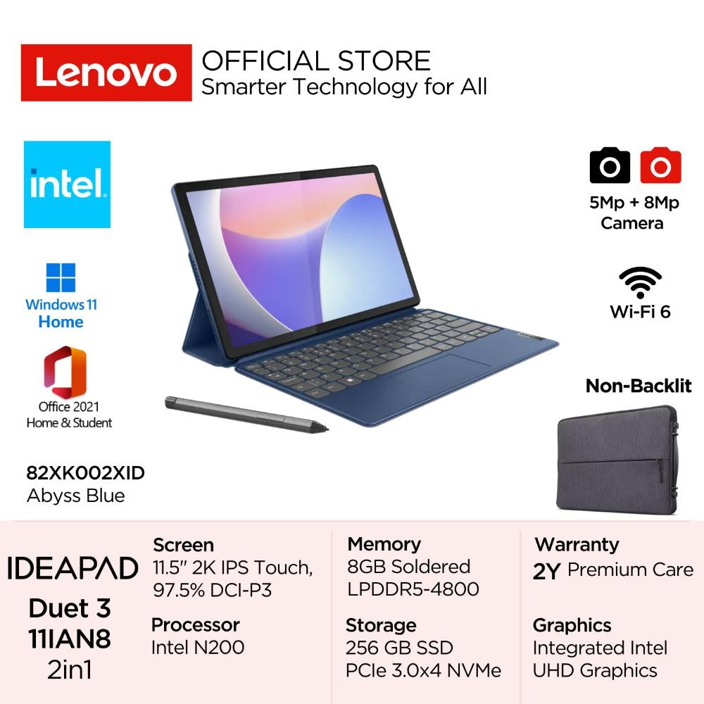 Lenovo 2in1 IdeaPad Duet 3i 11IAN8 2XID Intel N200 Win11 8GB 256GB SSD 11.5" 2K IPS Touch 60Hz 400ni