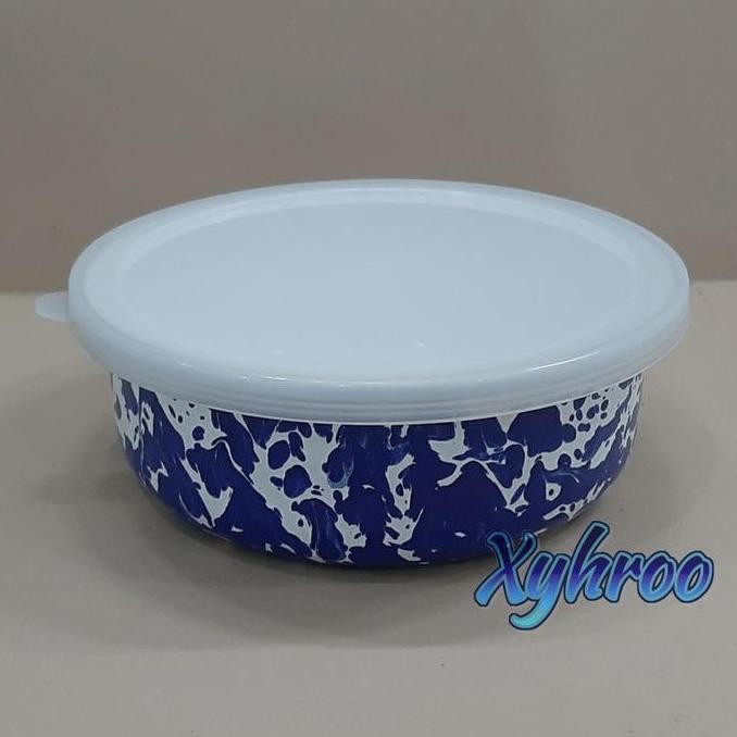 ori - rantang bowl mangkok enamel 16cm biru blirik loreng tutup plastik