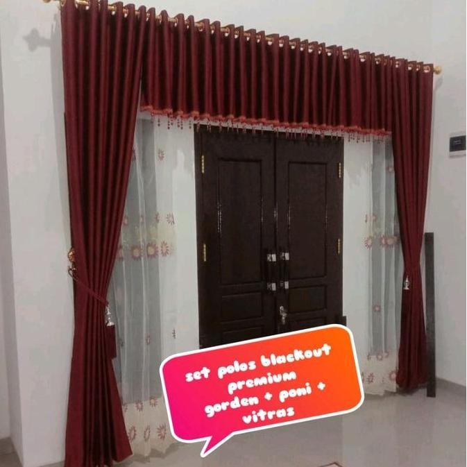 Gorden set PINTU UTAMA, POLOS blackout premium + vitrase + poni  [free tali+huck] Asli