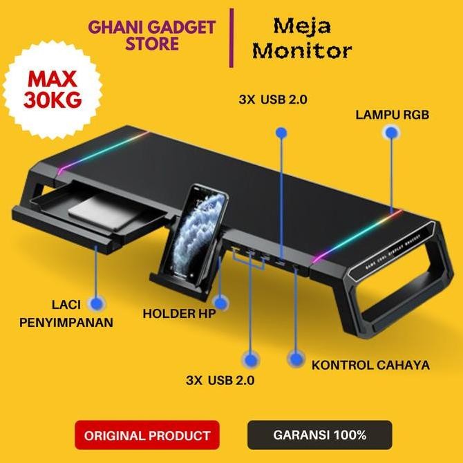

BEBAS ONGKIR - Meja Stand Dudukan Monitor Komputer Desk Shelf Alas Tempat PC Computer RGB Obsidian + 4 USB Port Data Charger 3.0 2.0 Waterproof Anti Air