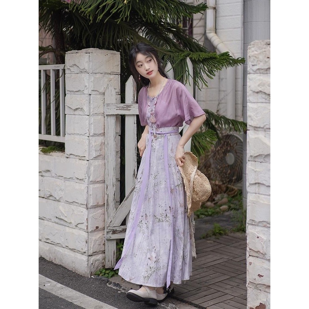 Tang Dynasty Style Improved Beizi Purple Eight-Piece Elastic Waist Skirt Spring Summer Hanfu