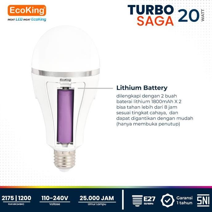 EcoKing Lampu Darurat Bohlam Rumah LED Turbo Saga EMERGENCY Tahan Lama 20W Cahaya Putih (DC 3 Level)