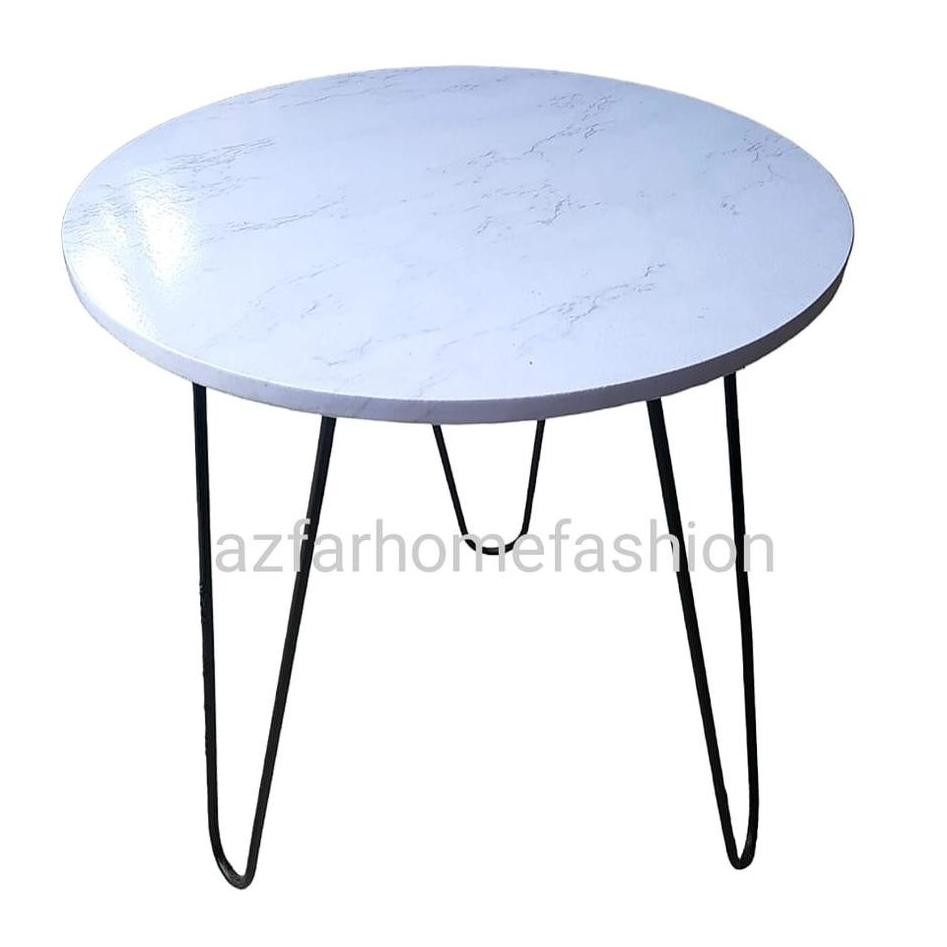 meja bulat minimalis ruang tamu,meja bulat sudut,meja teras motif marmer KAKI BESI HITAM