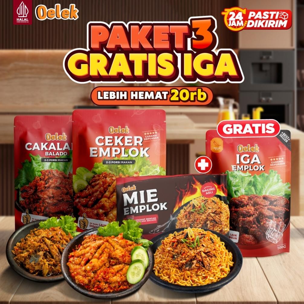 

[Beli 3 Gratis 1 Iga] Oelek Promo Spesial Gratis IGA 1 Pouch isi Lauk Cumi Cabe Ijo / Ceker Emplok + Cakalang Balado + Mie Emplok Cakalang Pedas Nagih Mercon Gurih Lauk Di sambelin