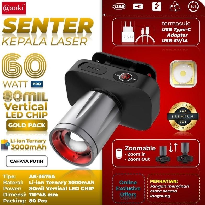Aoki Senter Kepala / Headlamp 60W LED Zoomable AK-3675A / AK-3685A