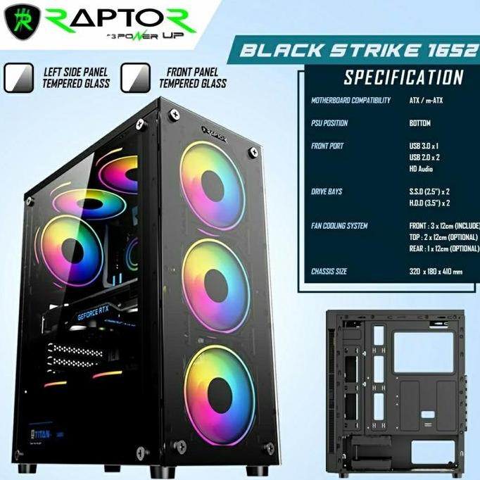 TERMURAH - Raptor Black Strike 1652 - 3 Fan RGB - Casing Raptor 1652