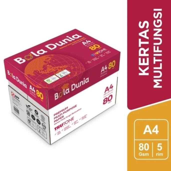 

TERBARU - Kertas HVS A4 80gr Bola Dunia 1 Box (5 Ream) Khusus GOJEK/GRAB
