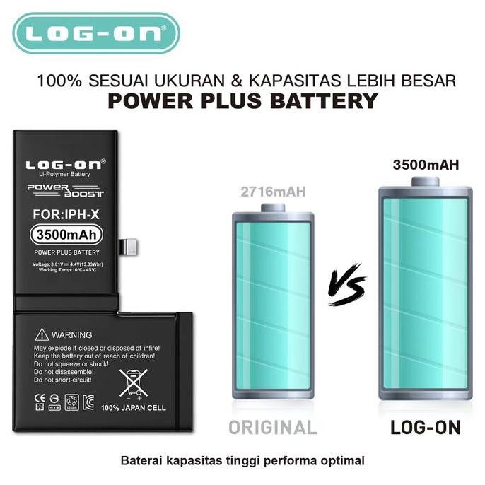log on - iphone x power plus original battery baterai batre ori -