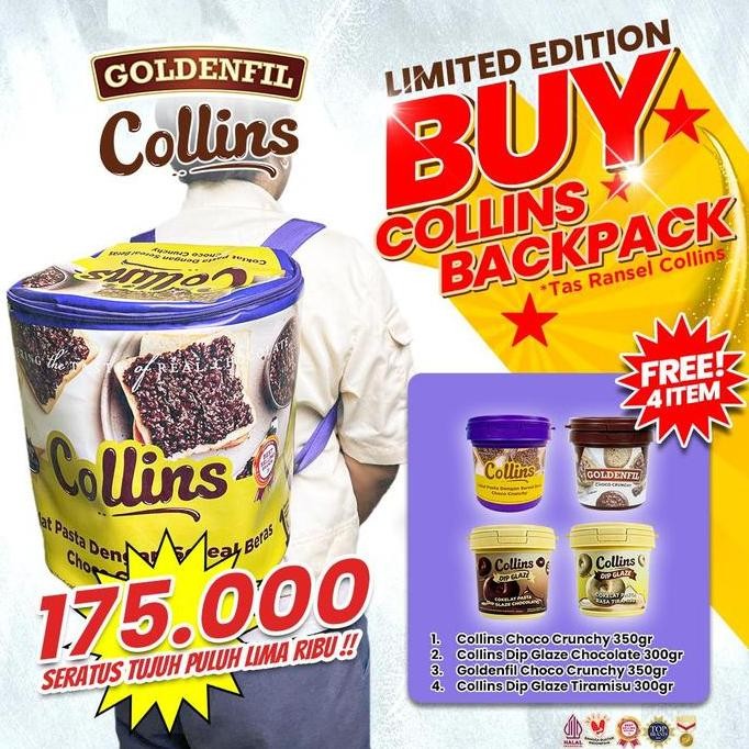 

Produk Baru!! [PAKET MINI COLLINS ] Selai coklat collins crunchy + collins coklat + collins tiramisu + goldenfil choco crunchy + RANSEL Collins