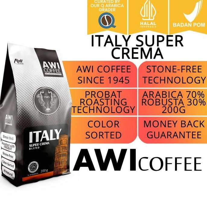 

AWI COFFEE ITALY SUPER CREMA BLEND FOR CAFE 200GR BIJI/BUBUK | ARABICA ROBUSTA BLEND | BEAN / GROUND TERMURAH